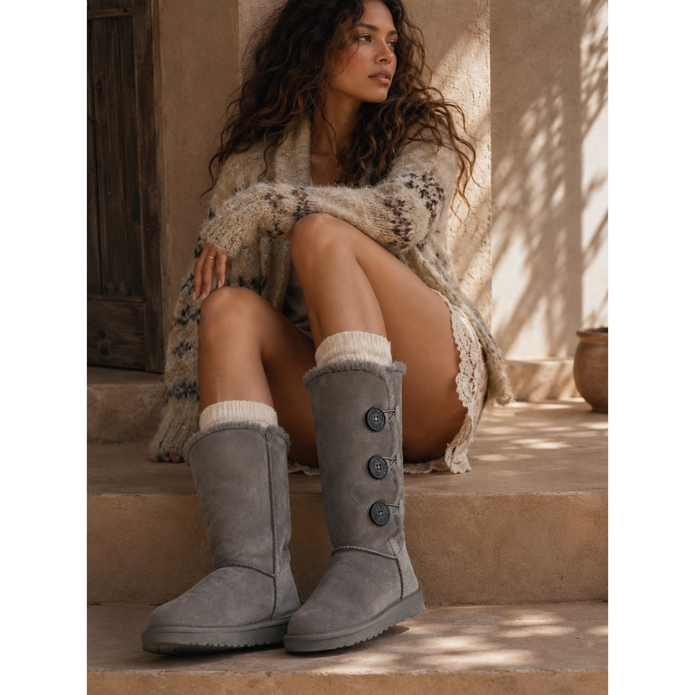 UGG Australia Bailey Button Triplet Grey Suede Tall Boots 1873 Women 7
